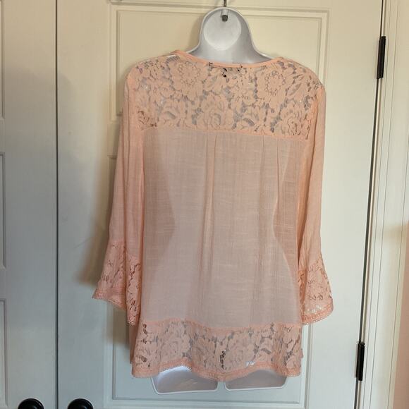 Zac & Rachel Peach Crochet Trim Semi Sheer Boho/Peasant Top Sz M - Picture 4 of 8
